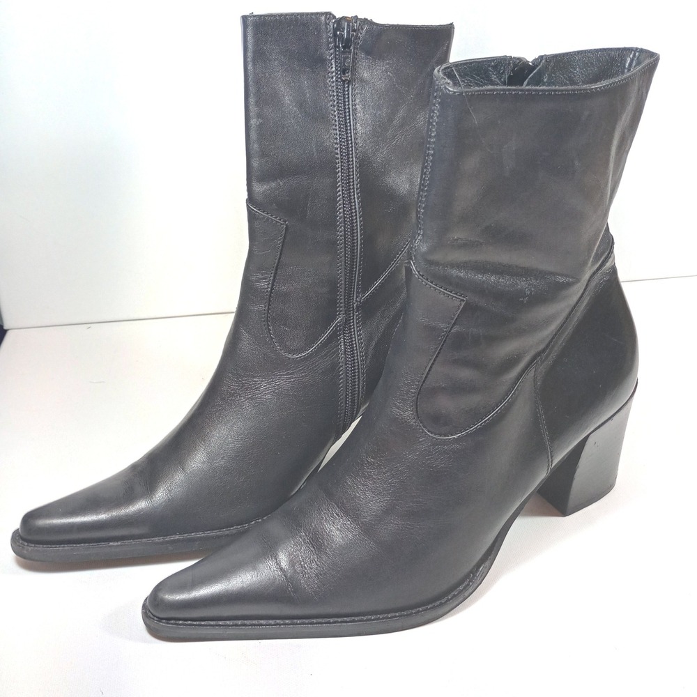 Steve Madden Ankle Boots 39 Black Good Italian Leather Pointed Toe Block Heel